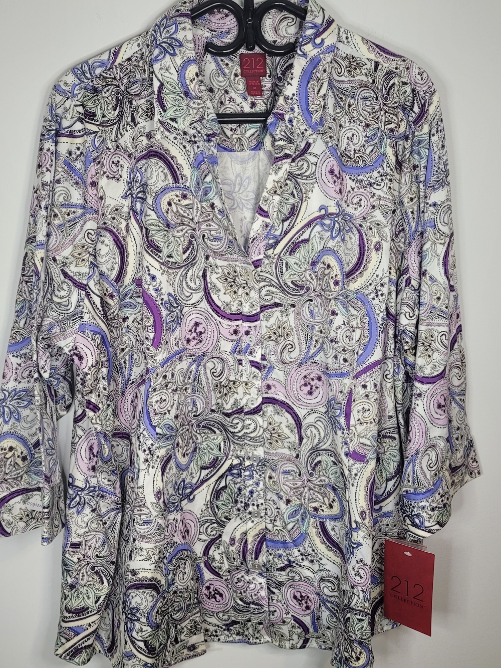 212 Collection Paisley Print V-Neck Blouse in White, Purple & Blue
